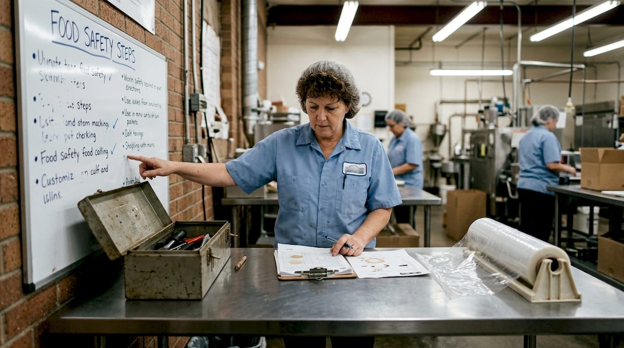 Supervisor checking snack factory control documents