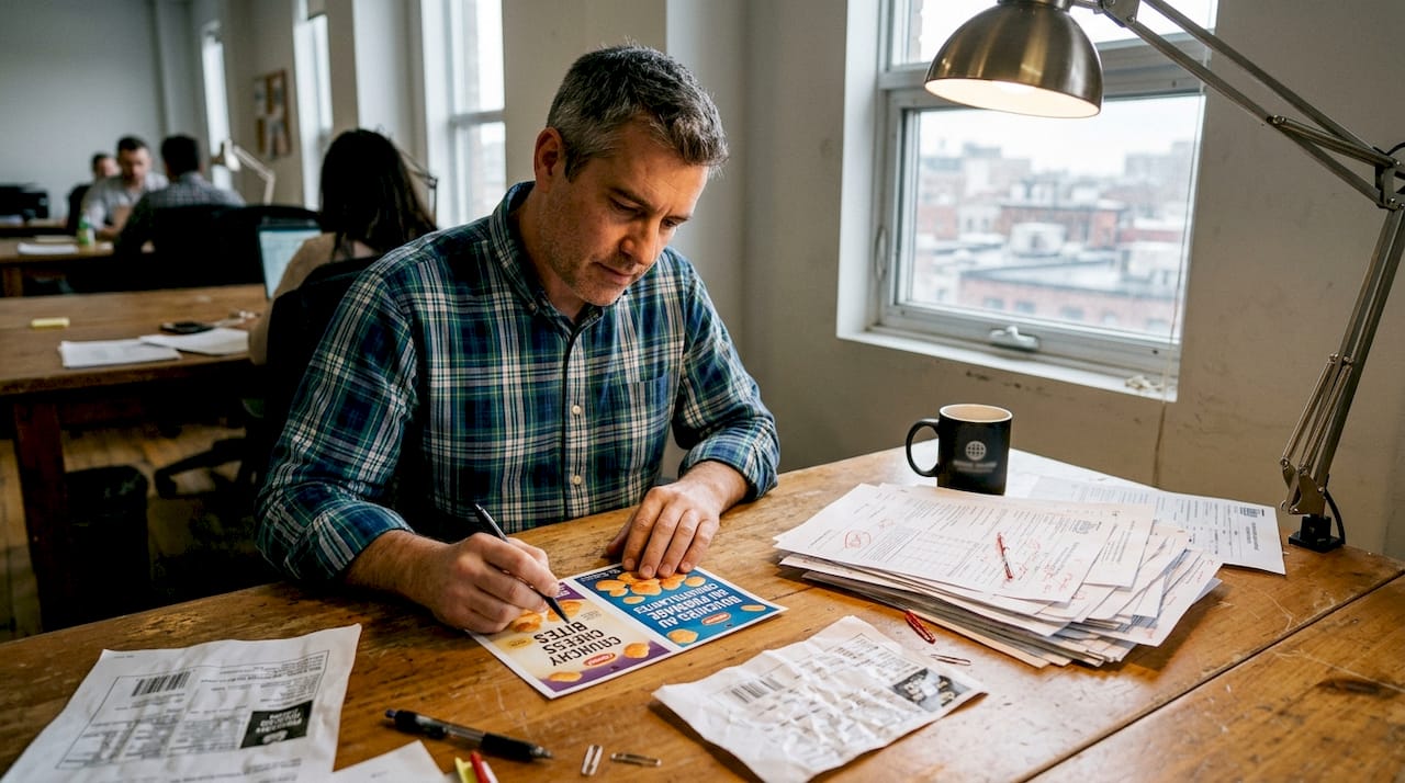 Manager reviewing bilingual snack labels office