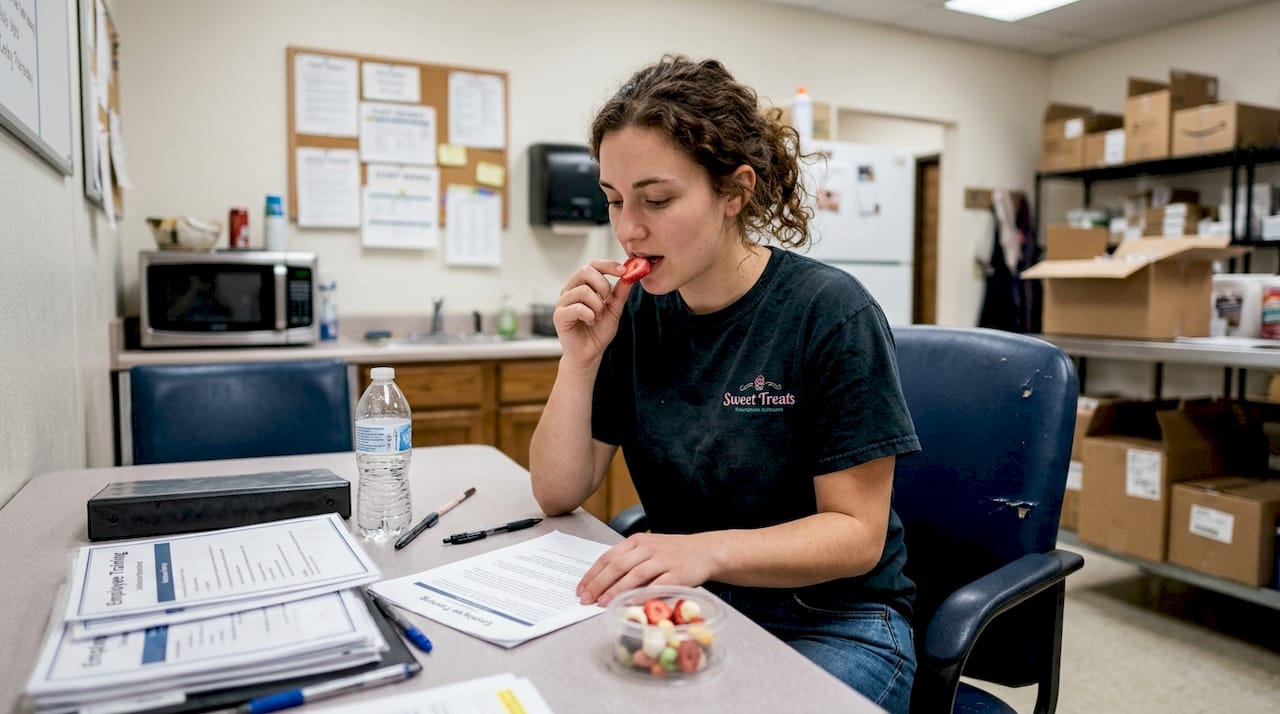 Retail employee tasting candy during onboarding