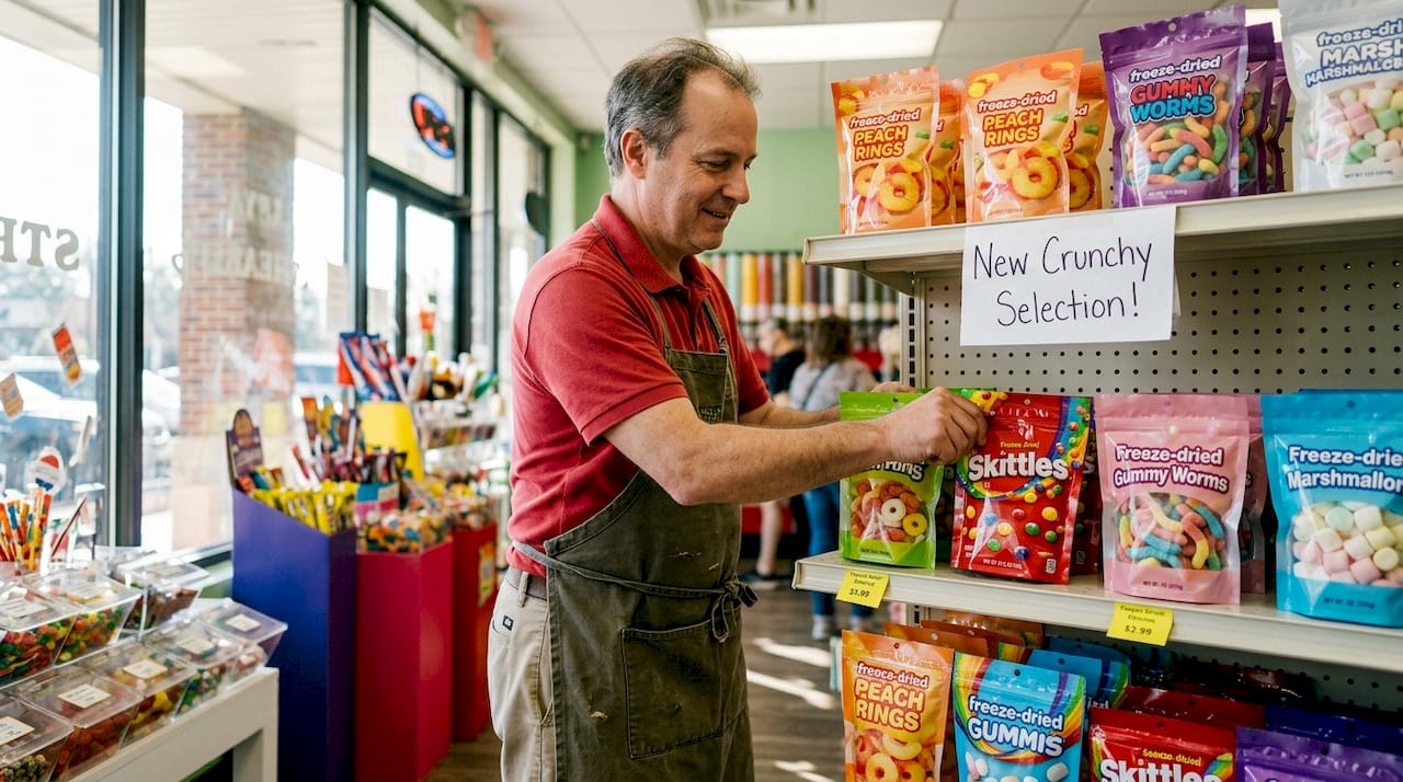 Manager organizing freeze dried candy display