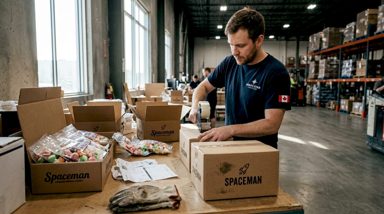 Warehouse worker packs freeze dried candy shipment