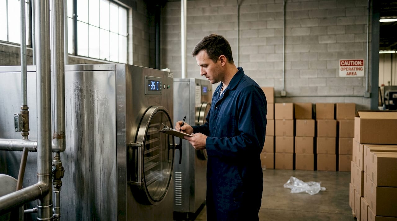 Technician checks commercial freeze-drying equipment