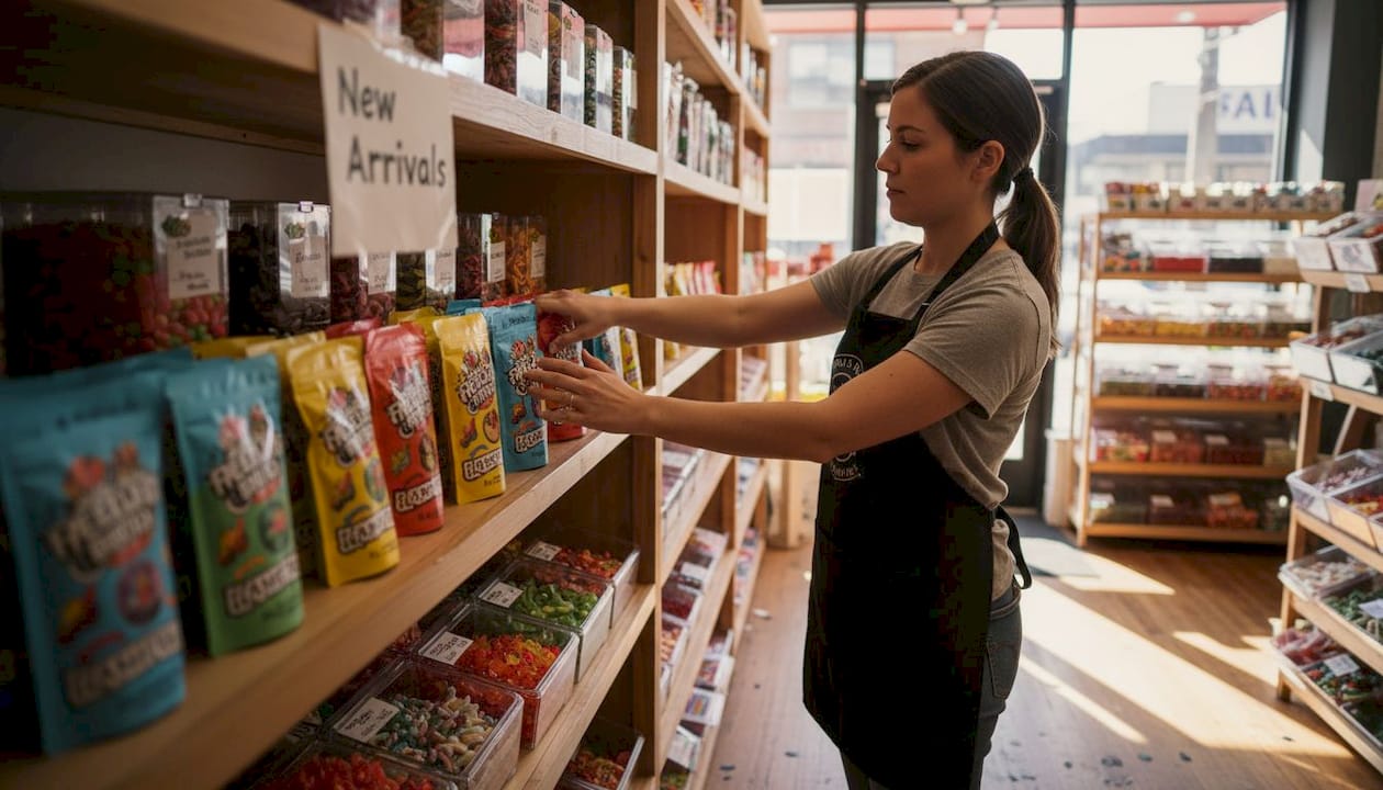 Employee arranging freeze-dried candy on shelf