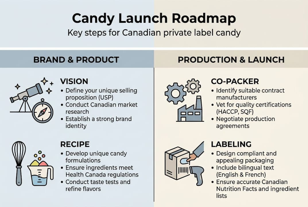 Candy launch steps infographic overview