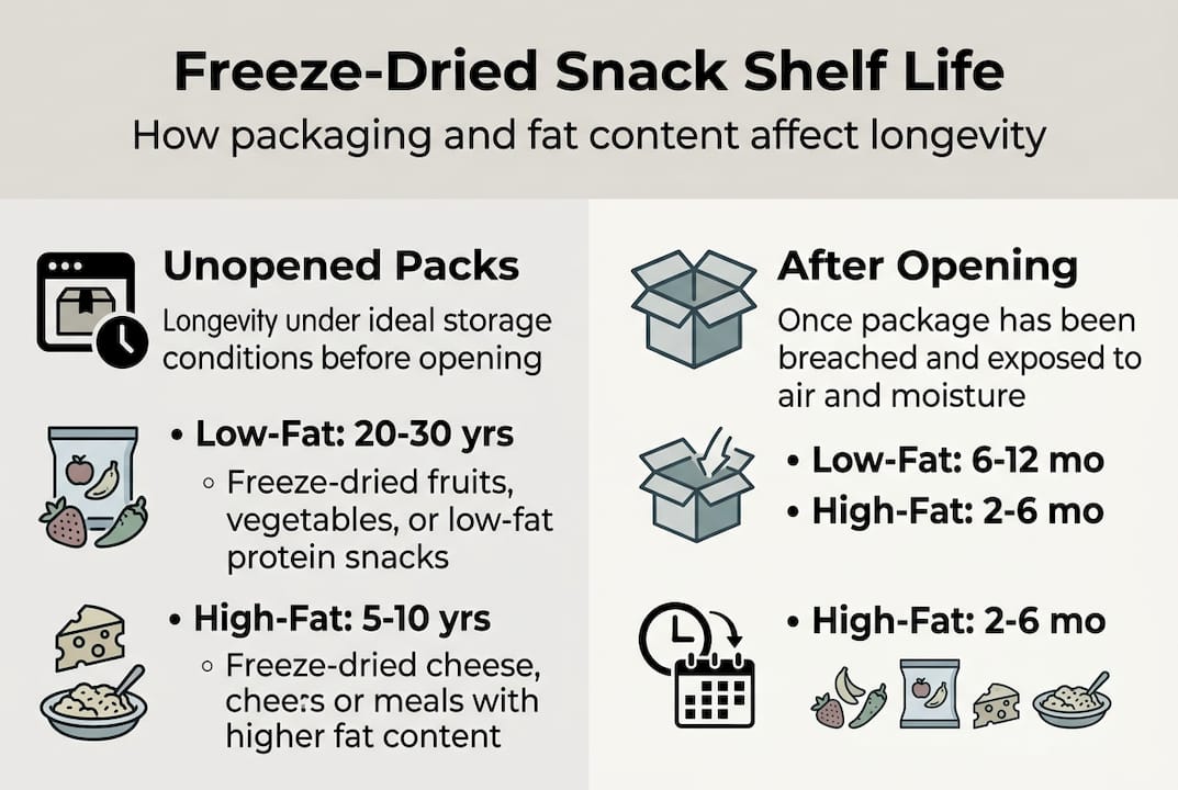 Infographic comparing freeze-dried snack shelf lives