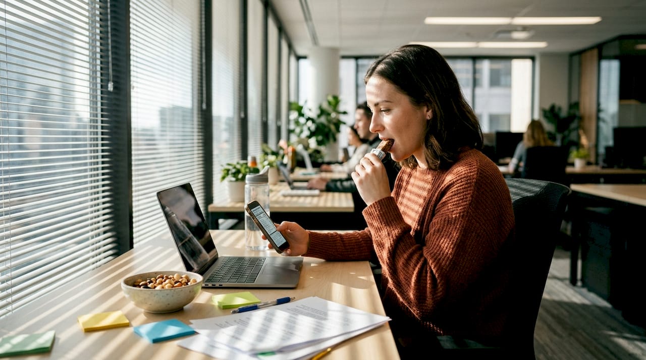 Woman snacking and reading nutrition label