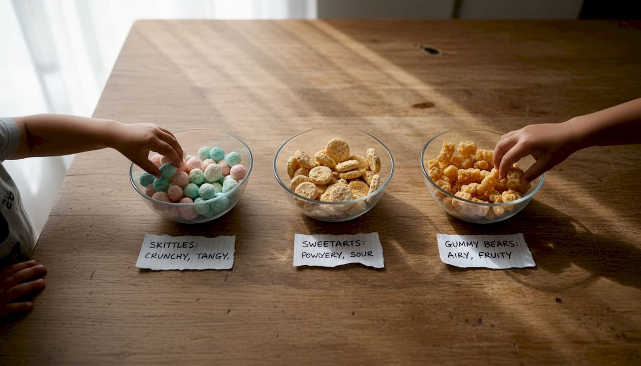 Freeze-dried candies compared on kitchen table