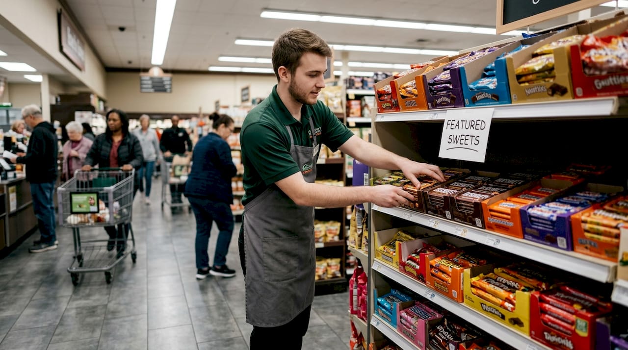 Employee restocking endcap candy display