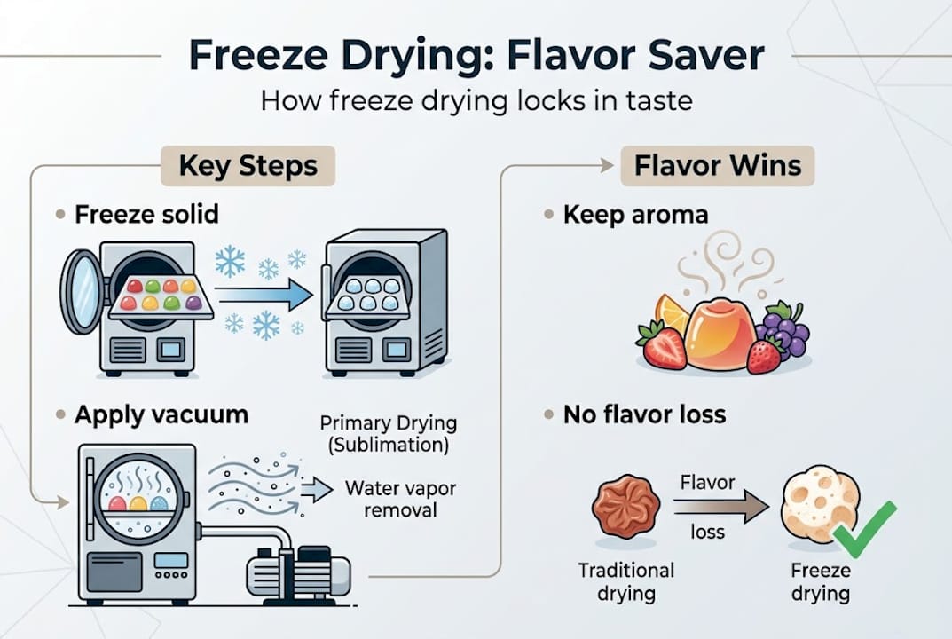Infographic comparing freeze drying steps and flavor benefits