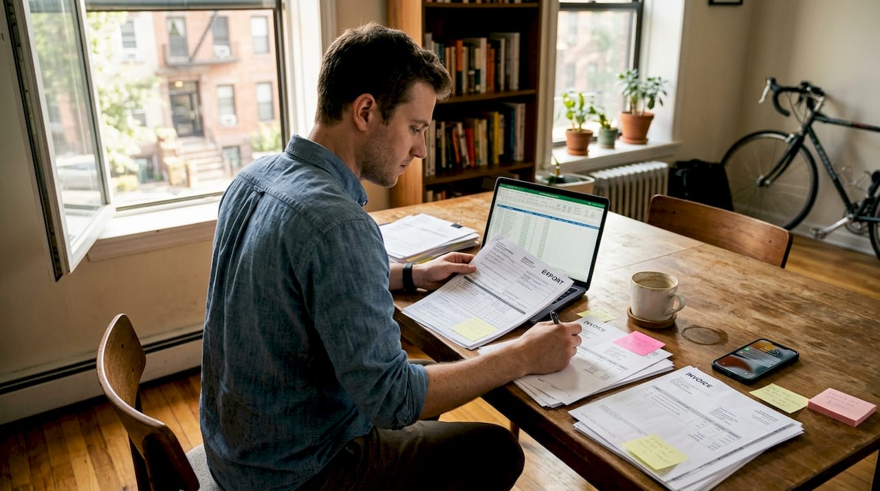 Man organizing export documents at dining table