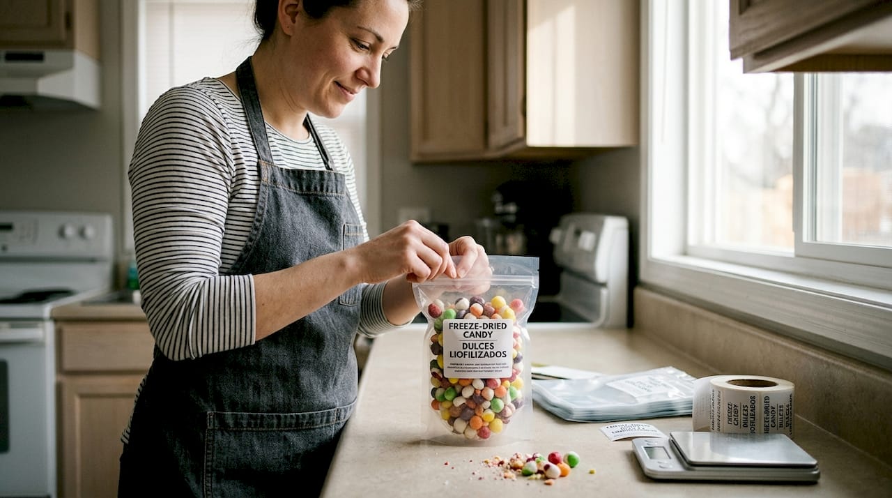 Packaging freeze-dried candies in labeled bags