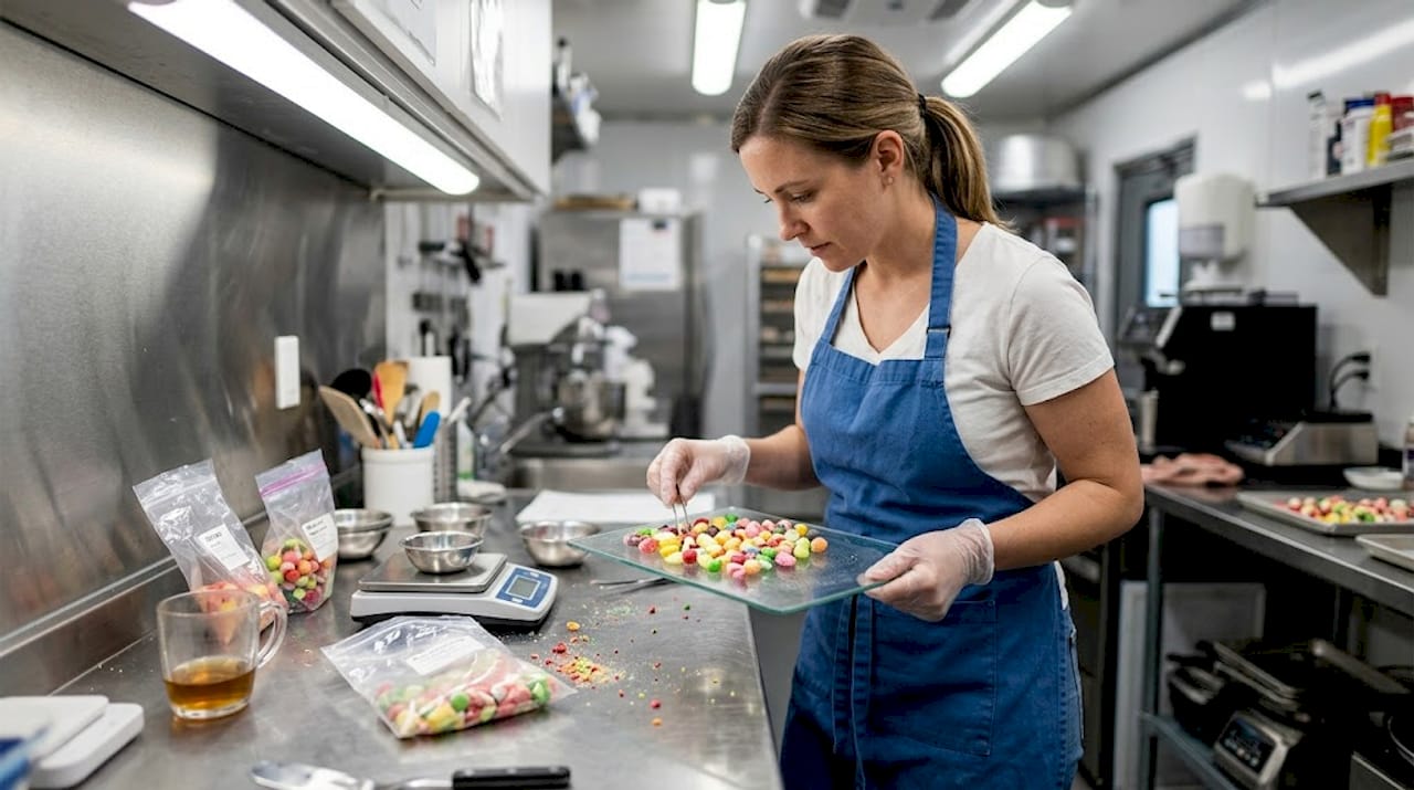 Technician inspects freeze-dried candy samples