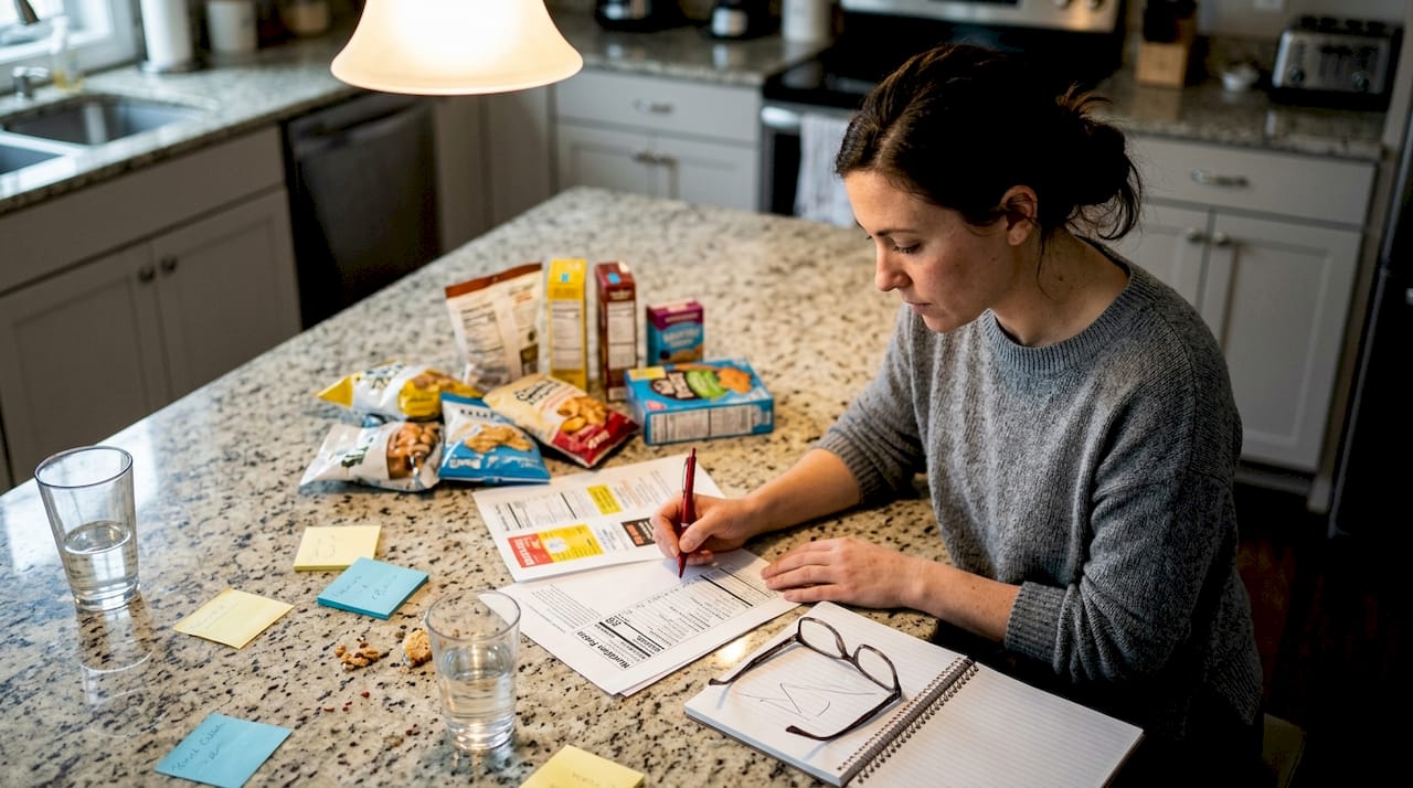 Woman checking snack labels at kitchen island