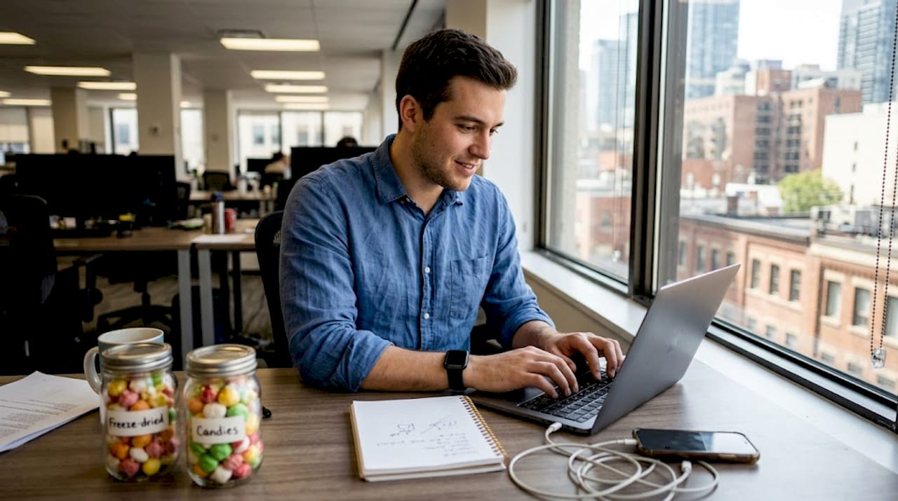 Worker emailing freeze-dried candy supplier