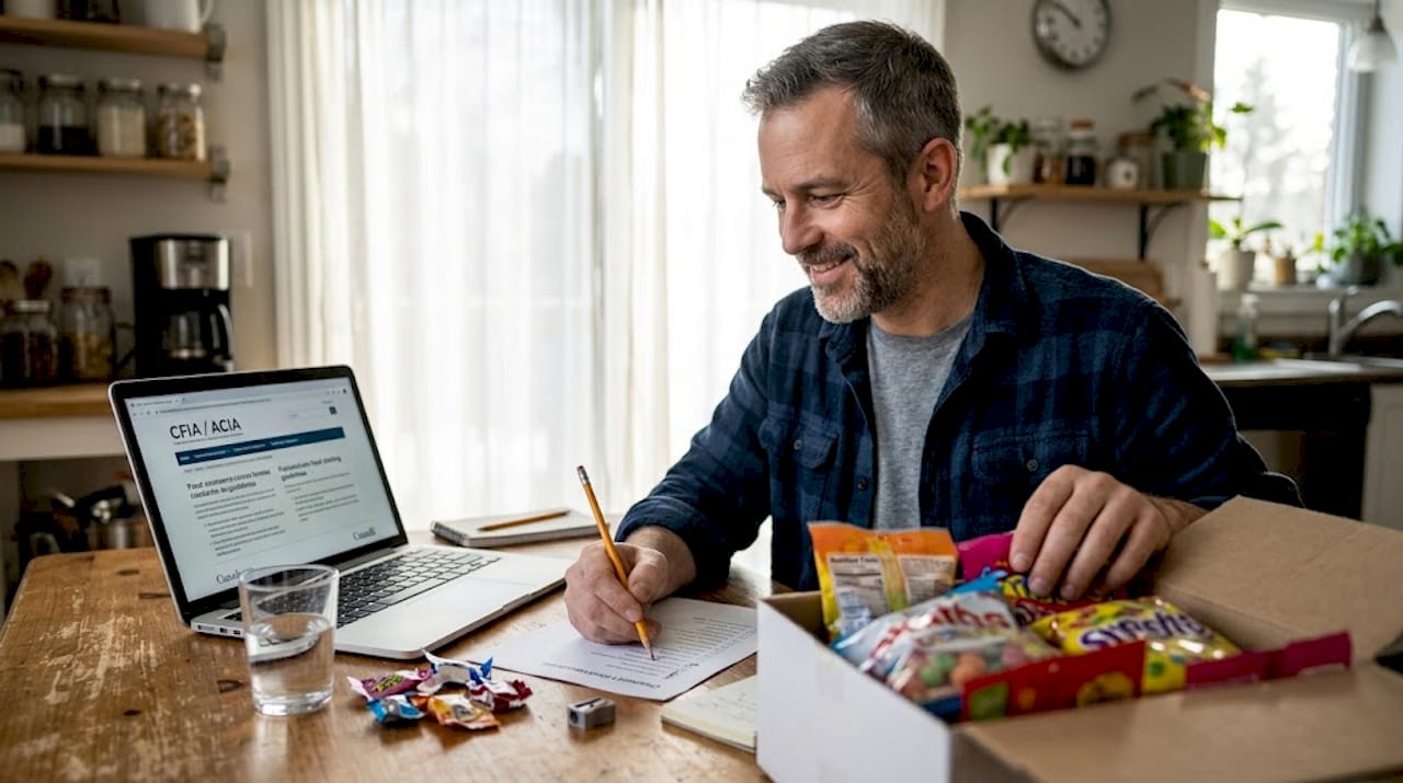 Man assembling candy packaging labels