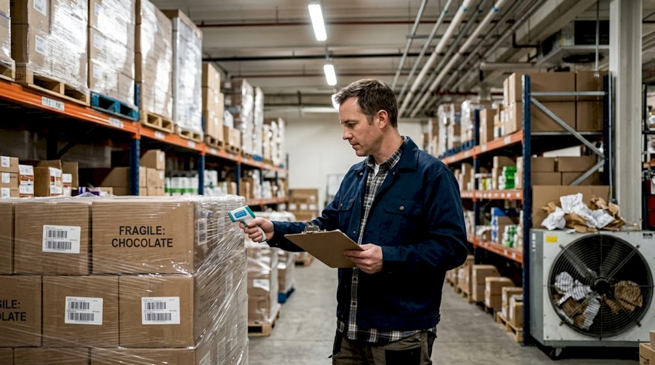 Worker checks candy storage temperature warehouse