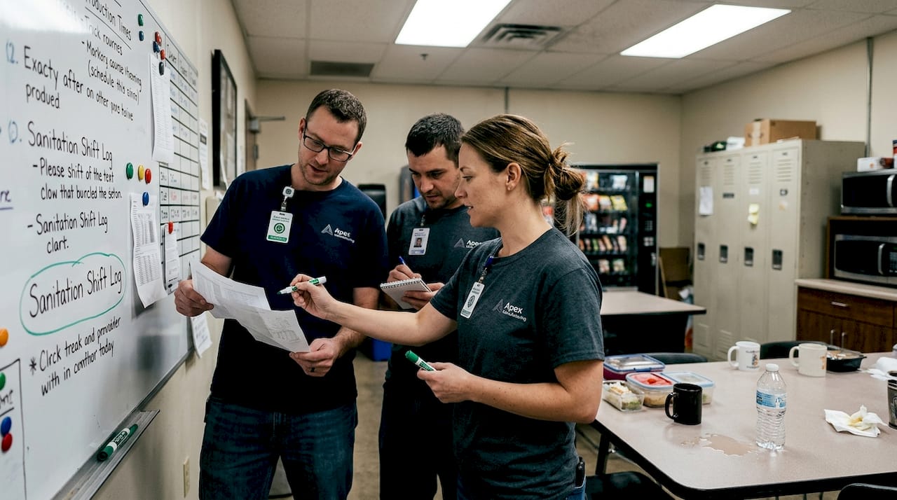 Candy factory staff reviewing quality control plan