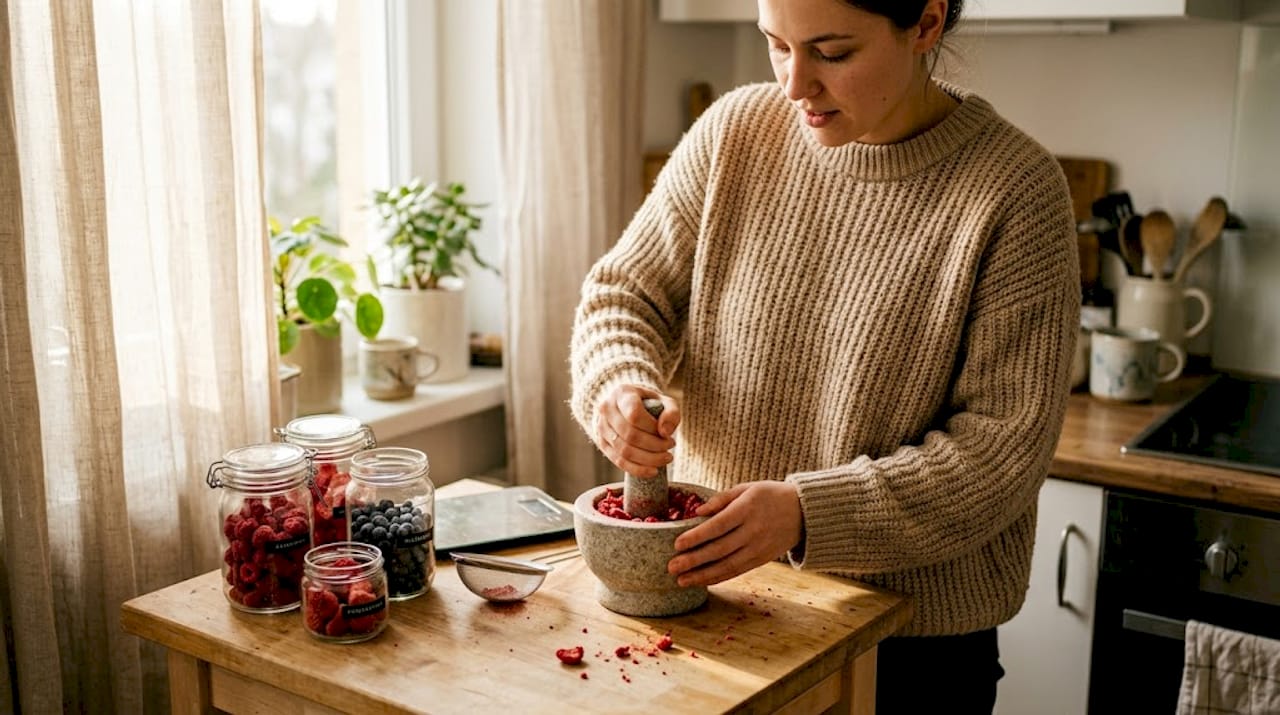 Grinding freeze-dried strawberries in home kitchen