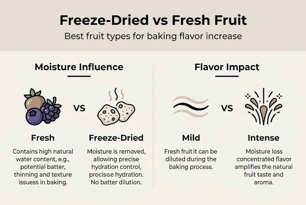Infographic comparing freeze-dried with fresh fruit for baking