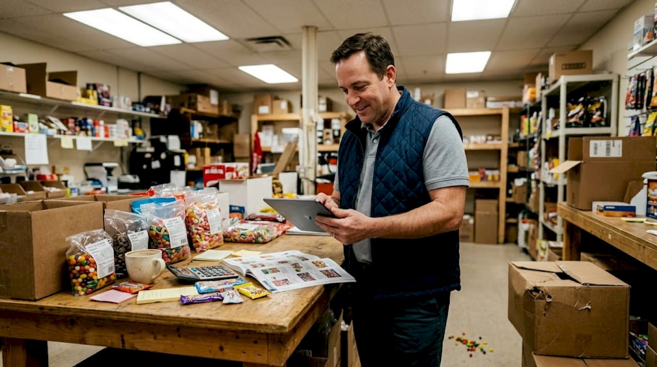 Manager reviews bulk candy supply order