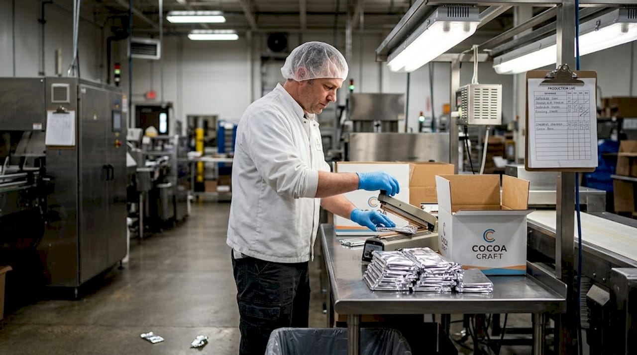 Worker sealing chocolate bars for packaging