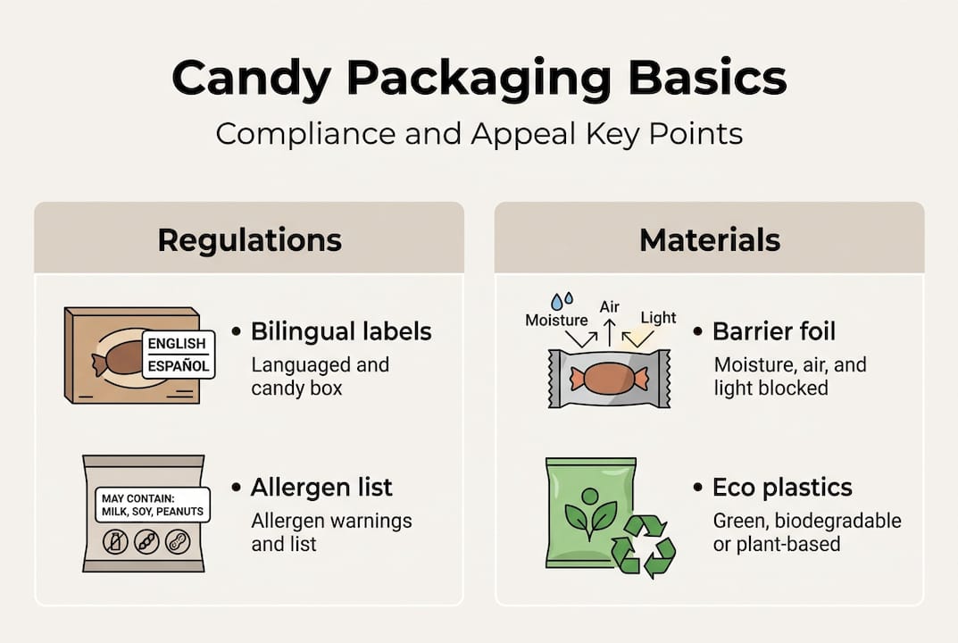 Infographic showing candy packaging compliance and materials