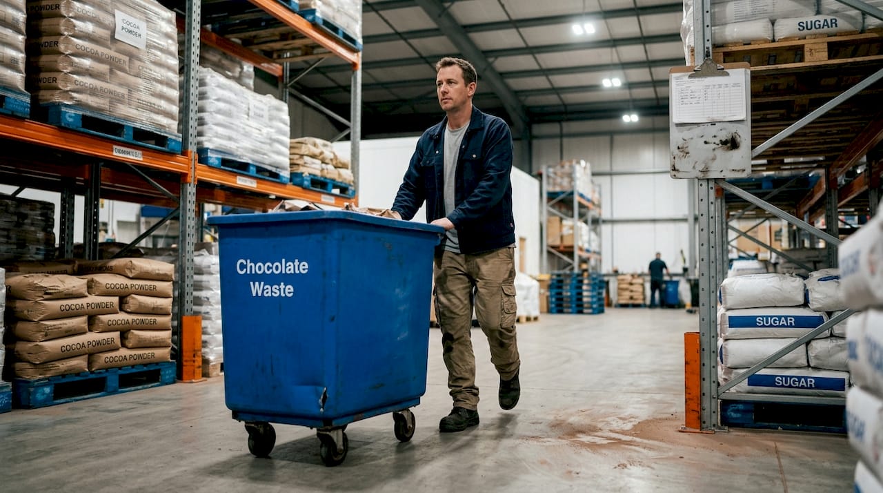 Technician moving chocolate waste bin