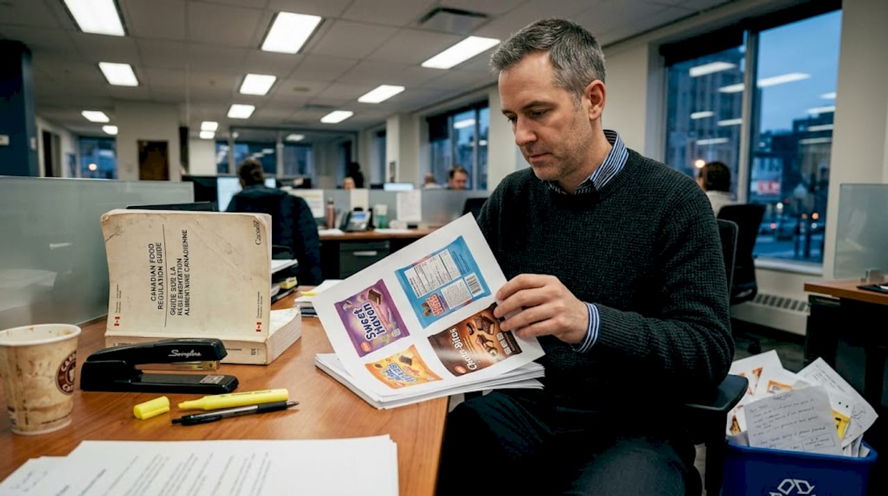 Officer checking candy package regulations at desk