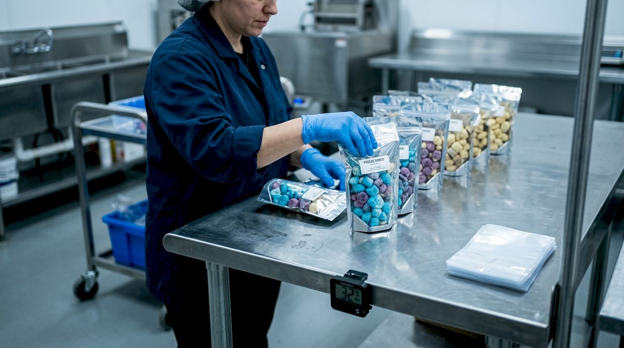 Worker packing candy in mylar pouches