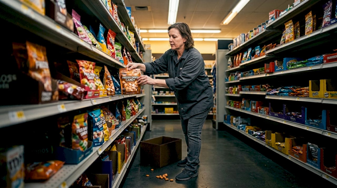 Store worker conducts freeze-dried candy shelf test