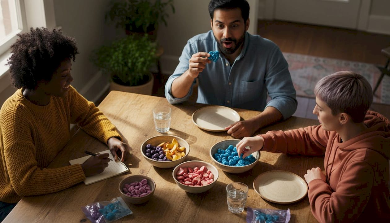 People taste-testing freeze-dried fruit candies