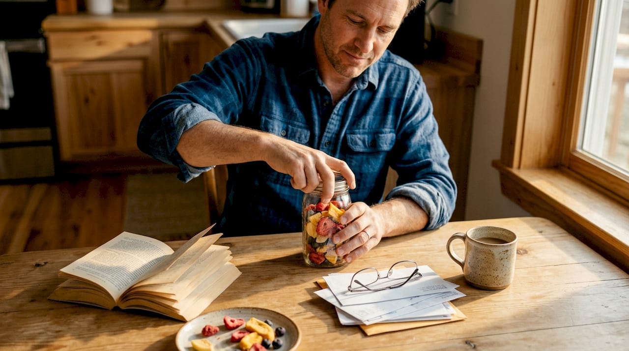 Man opening jar of freeze dried fruit at kitchen table