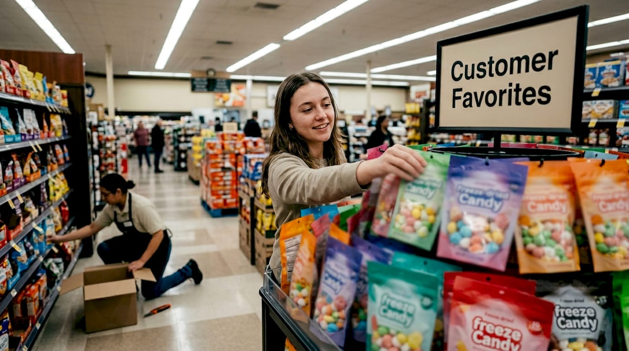 Shopper reaches for freeze-dried candy display