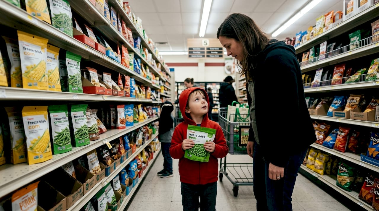 Parent and child choosing freeze-dried veggie snacks