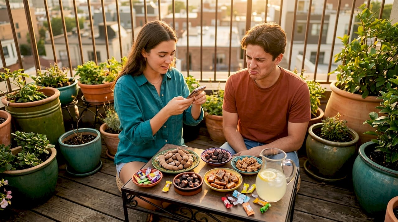 Friends tasting bold, layered candy flavors