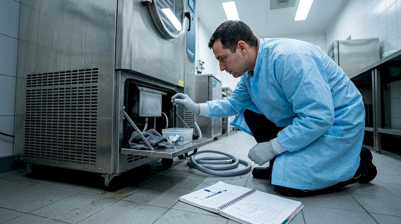 Worker cleaning freeze dryer condenser area