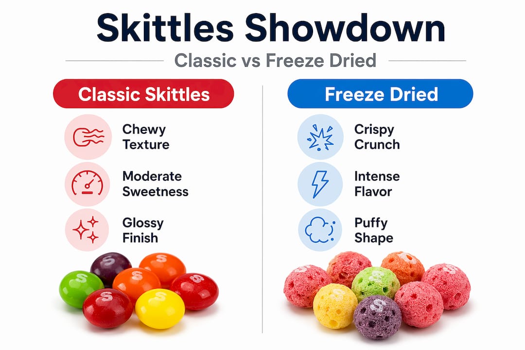 Infographic comparing classic and freeze dried Skittles