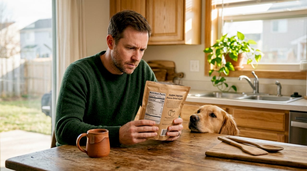 Person checking nutrition on freeze dried fruit