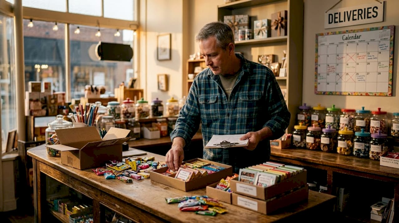 Store owner organizing personalized candy packaging