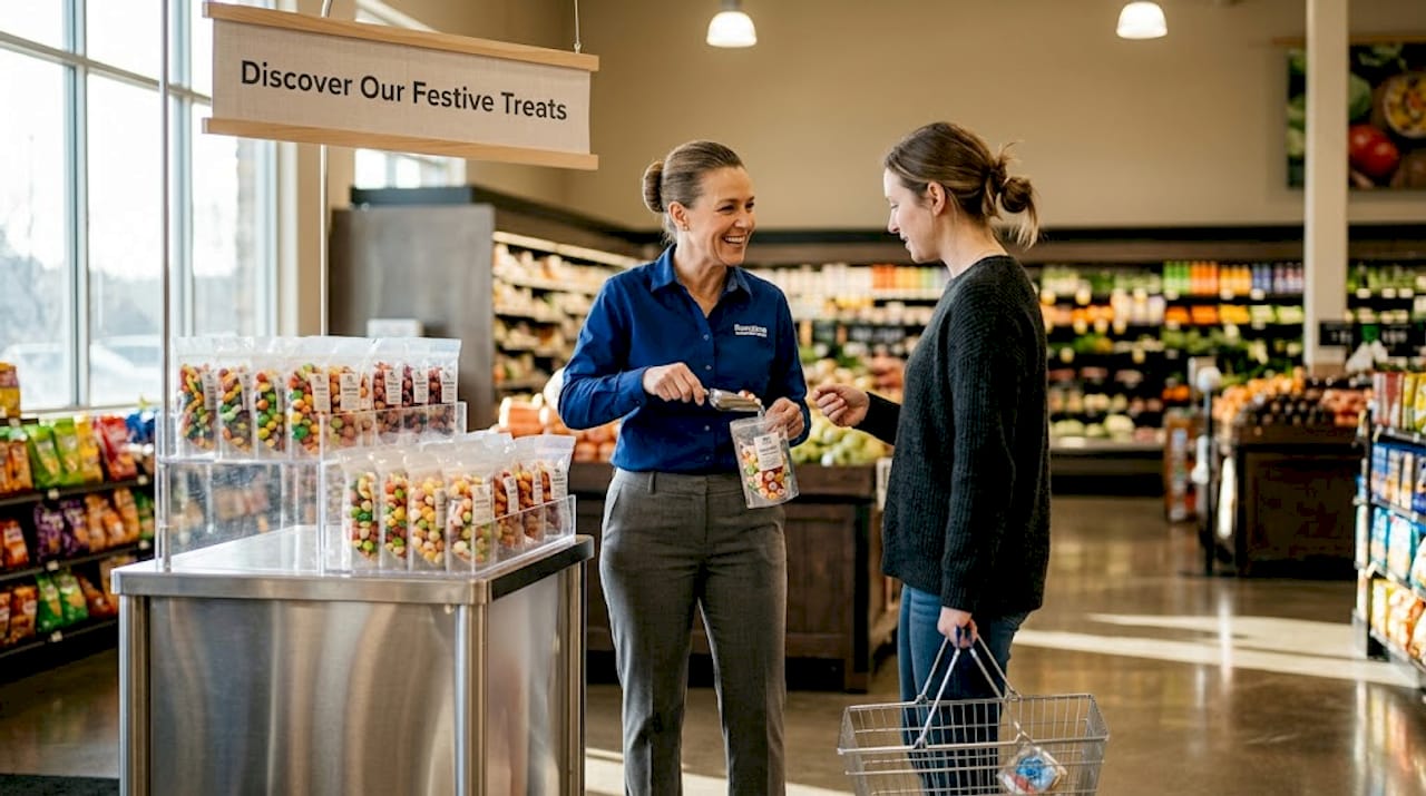Store manager offering freeze-dried candy samples
