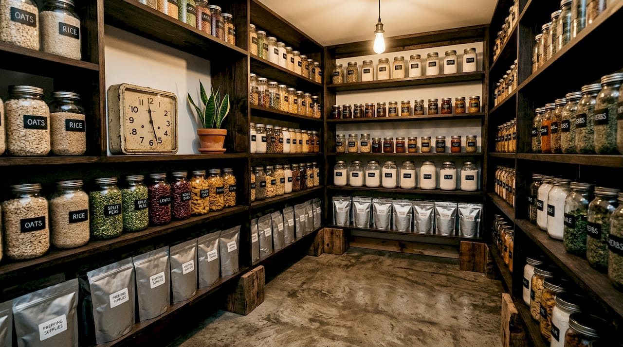 Basement storage room with dried food containers