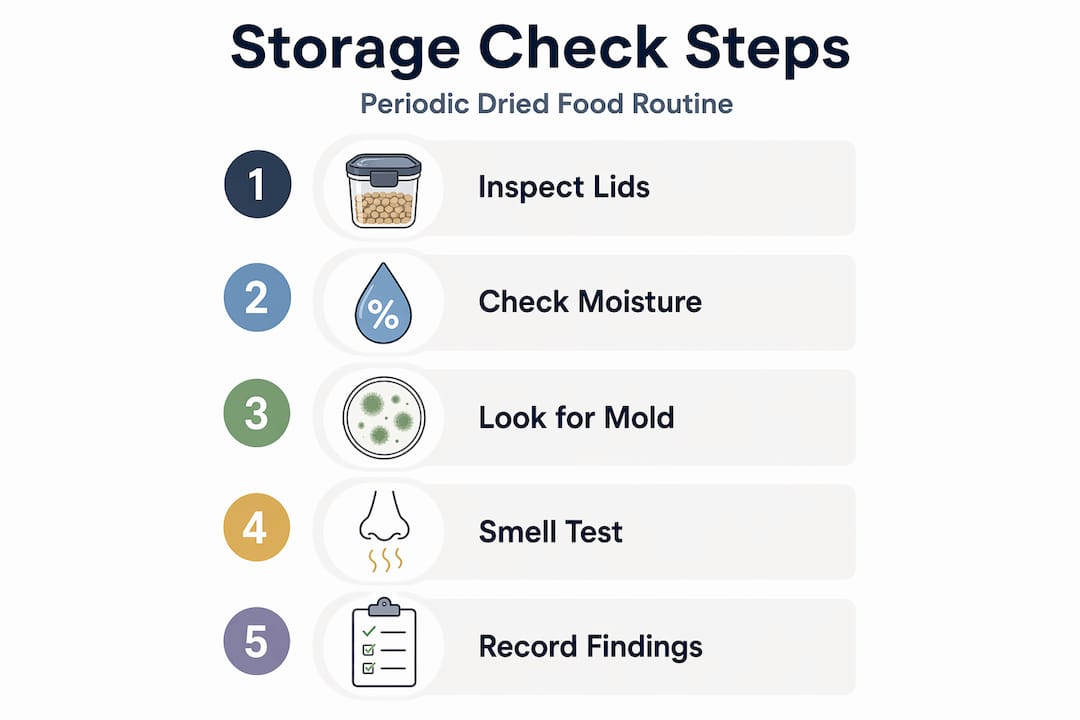 Infographic showing dried food storage check steps