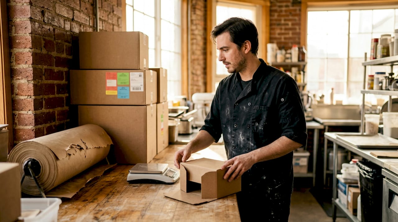 Café worker adjusting box sizes to minimize waste