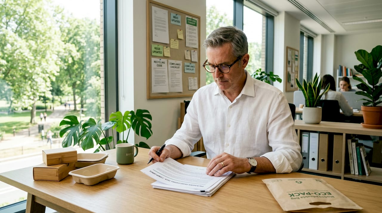 Manager reviewing packaging regulations at desk
