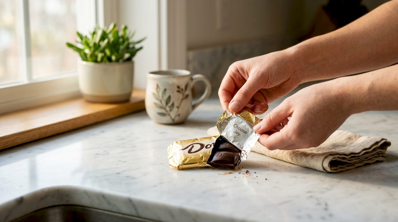 Hands unwrapping Dove chocolate foil at table