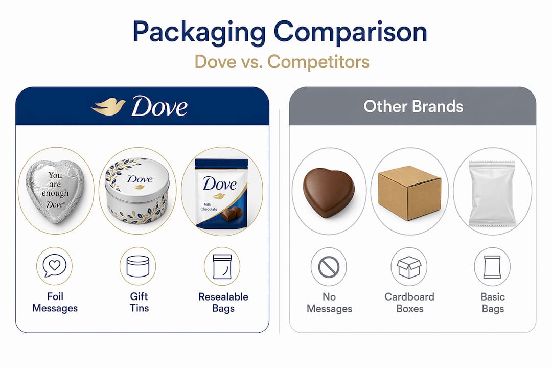 Infographic comparing Dove and other chocolate packaging