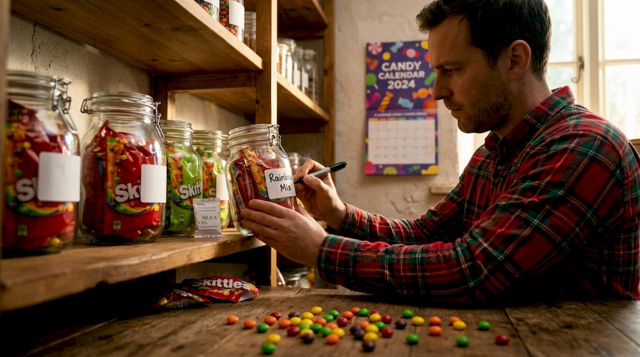 Storing and labeling bulk Skittles containers