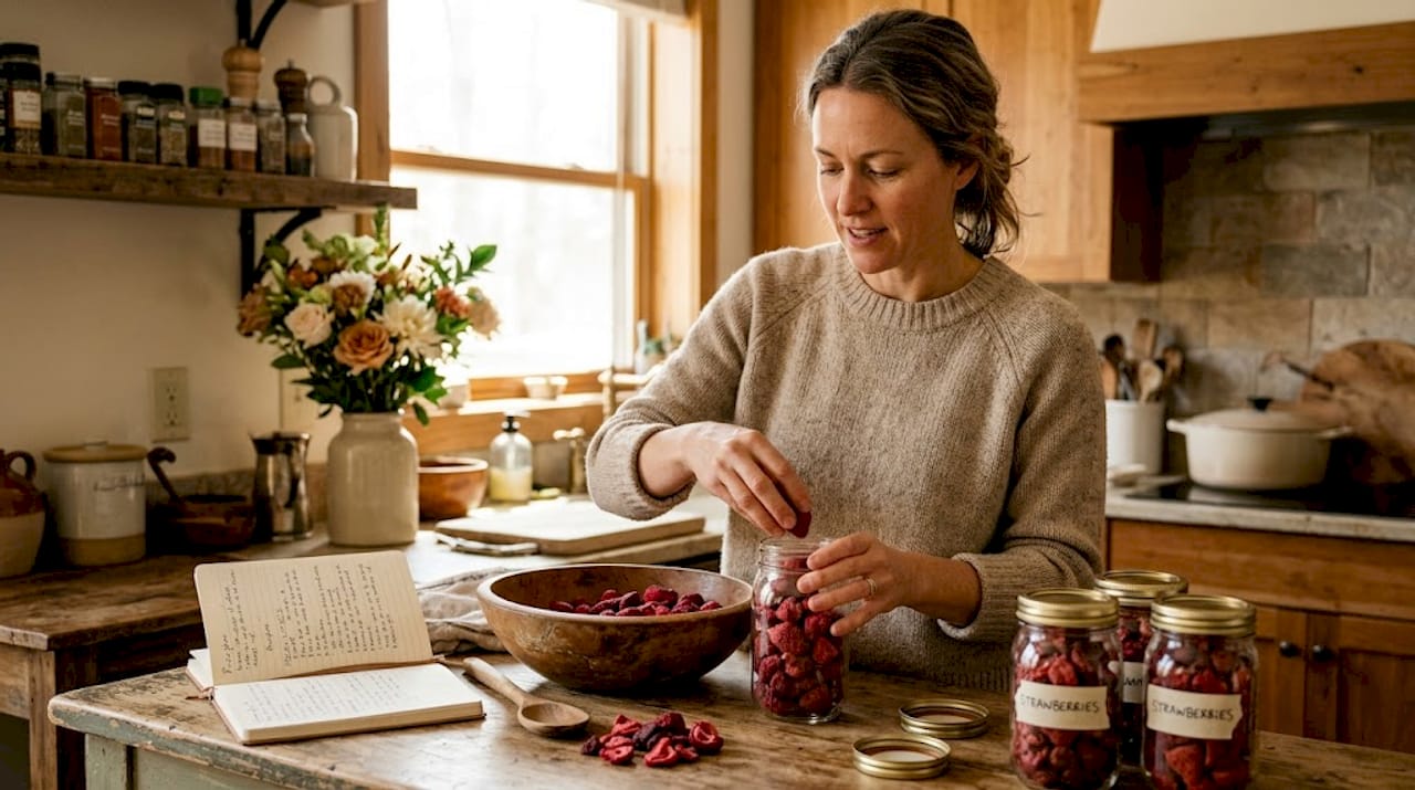 Sorting freeze-dried food in home kitchen