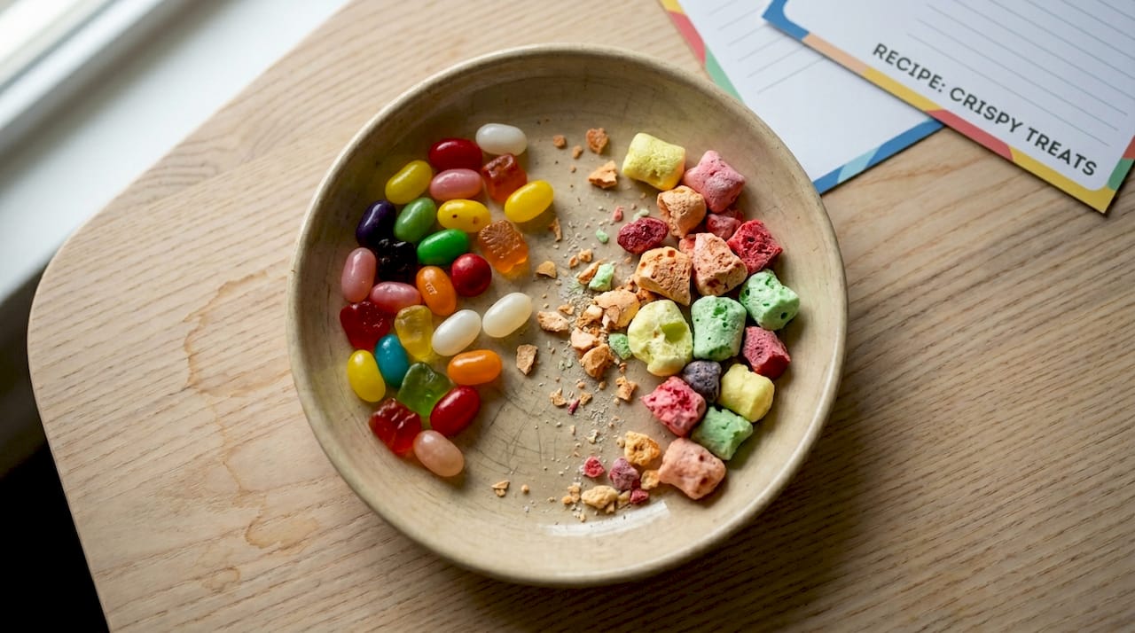 Closeup comparison freeze dried and regular candy texture