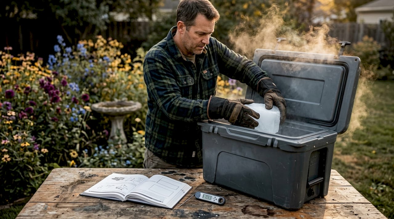 Man safely adding dry ice outdoors